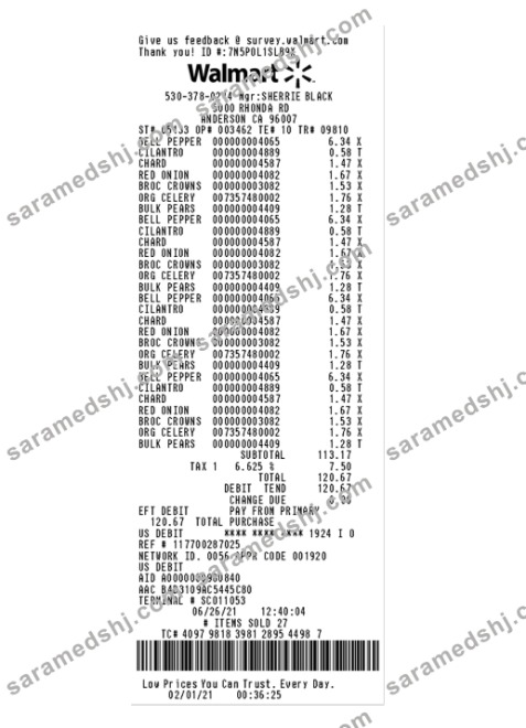 WALMART payment check template